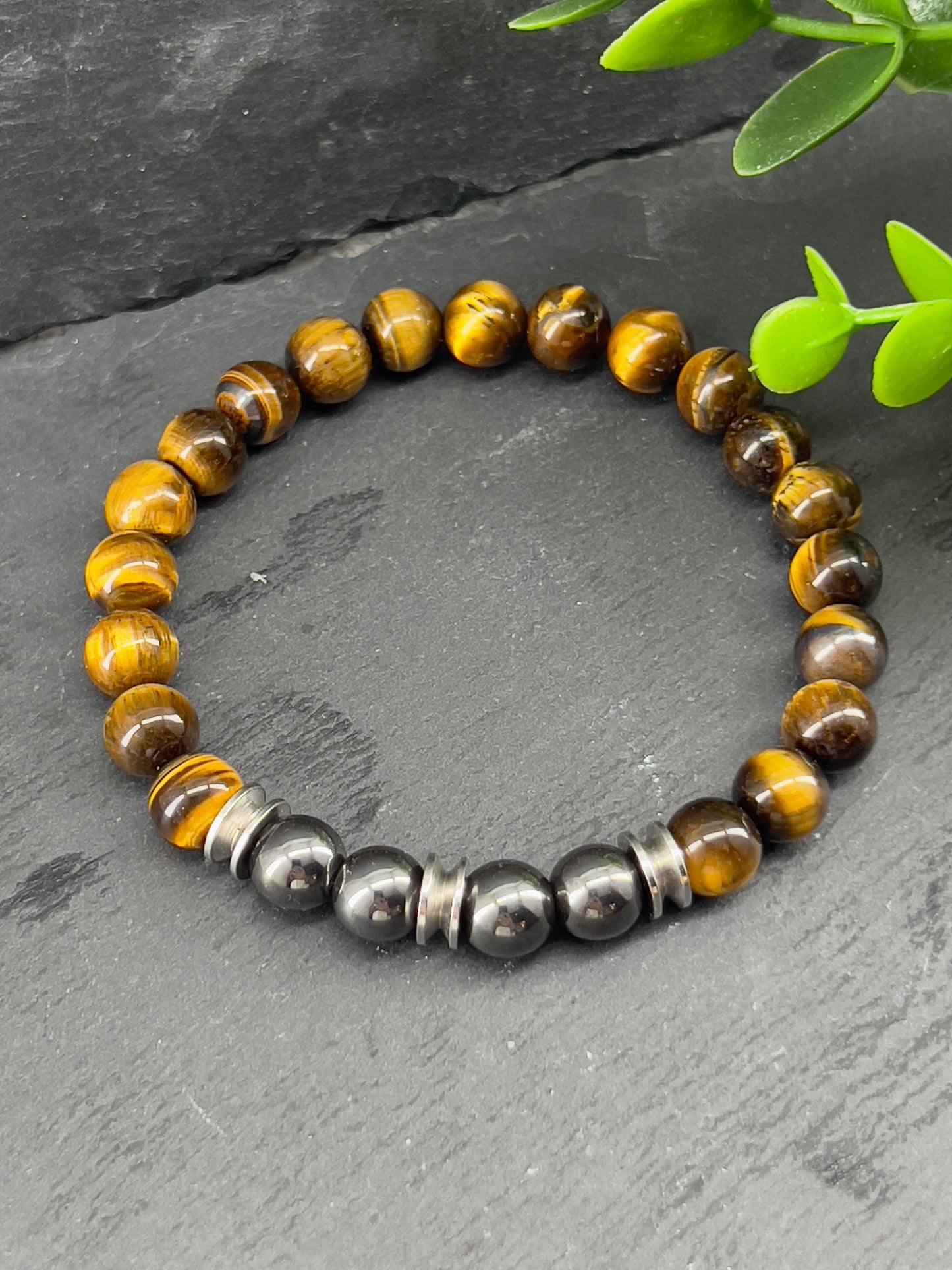 Bracelet pierre précieuse œil du tigre et hématite 8mm ~ tailles personnalisées