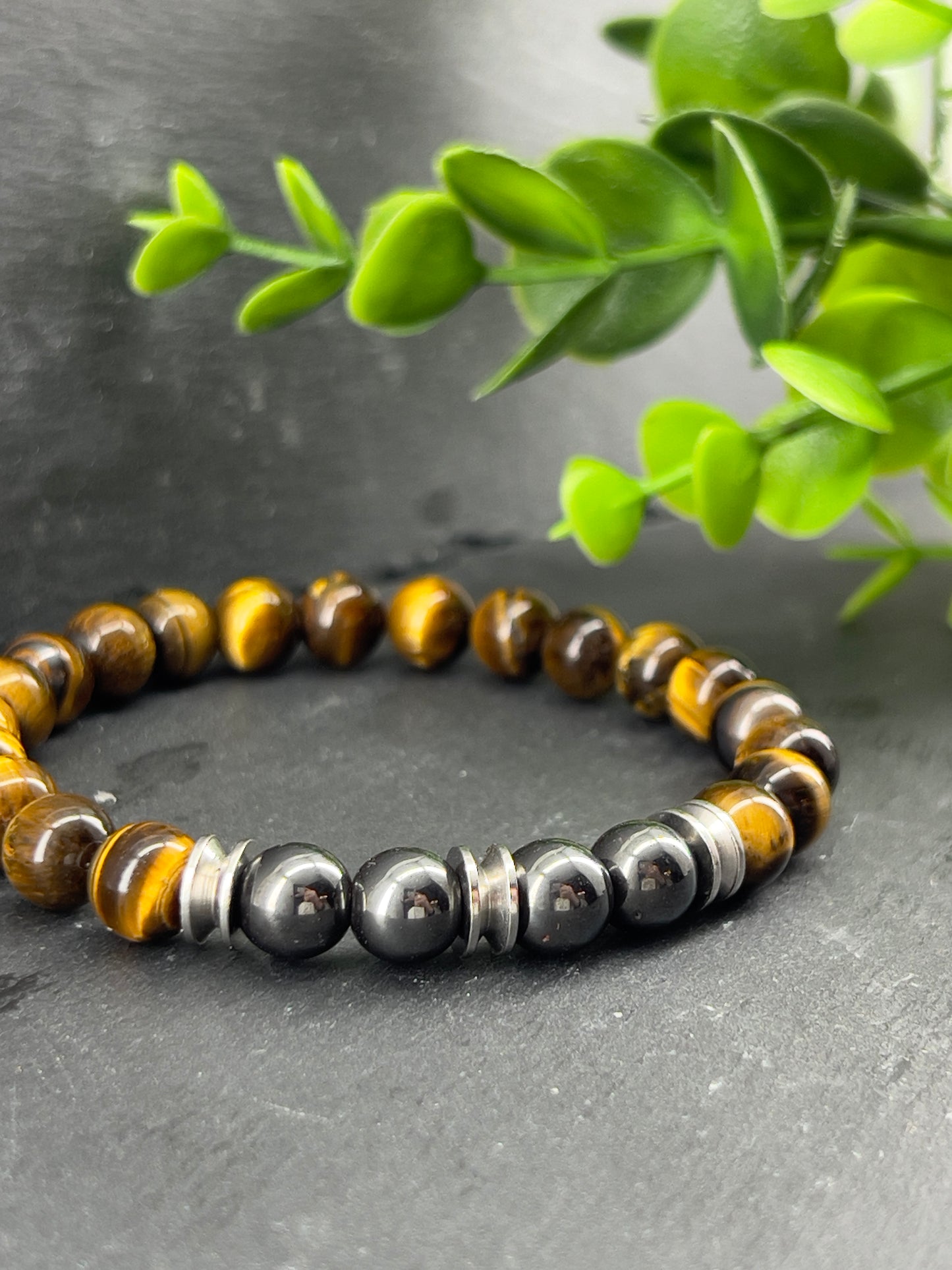 Bracelet pierre précieuse œil du tigre et hématite 8mm ~ tailles personnalisées