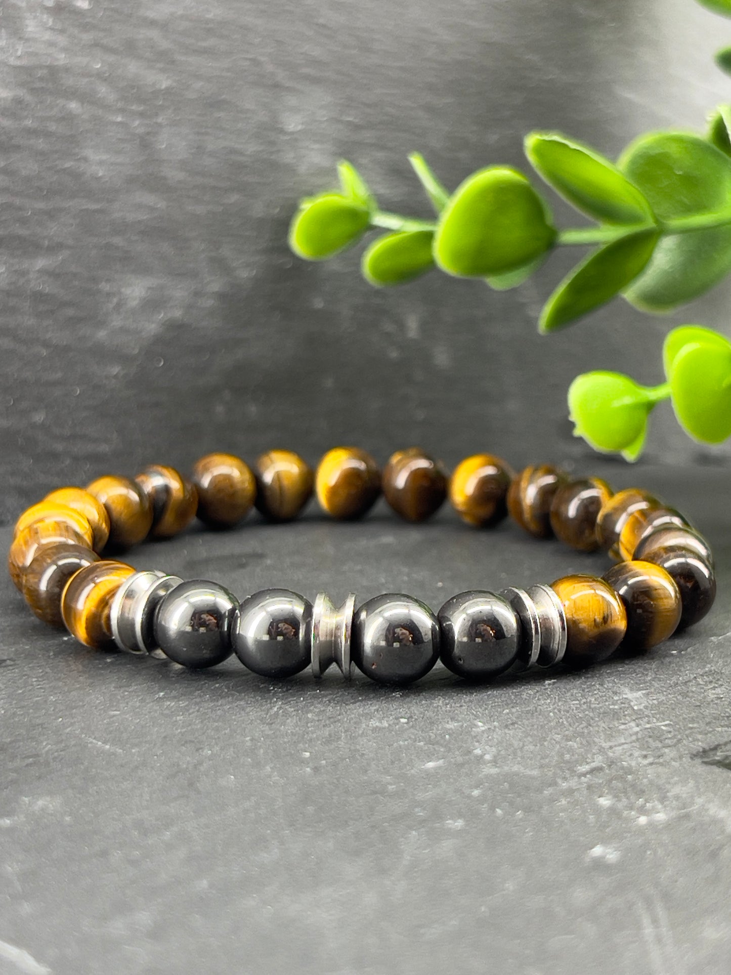 Bracelet pierre précieuse œil du tigre et hématite 8mm ~ tailles personnalisées