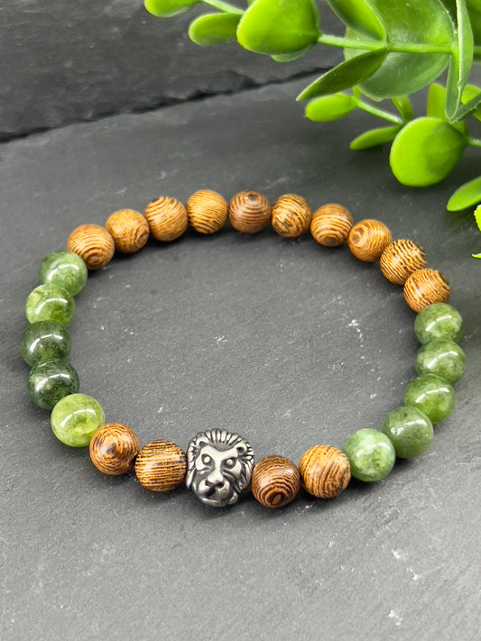 Bracelet en bois africain tête de lion 8mm ~ Taille personnalisée