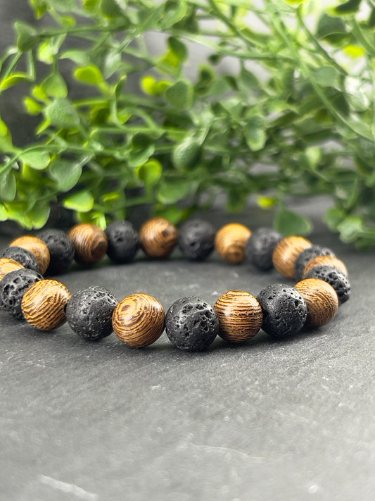 Bracelet en bois wengé d’Afrique avec pierre lave noir ~ taille personnalisée ~ bracelet style africain ~ bracelet bois