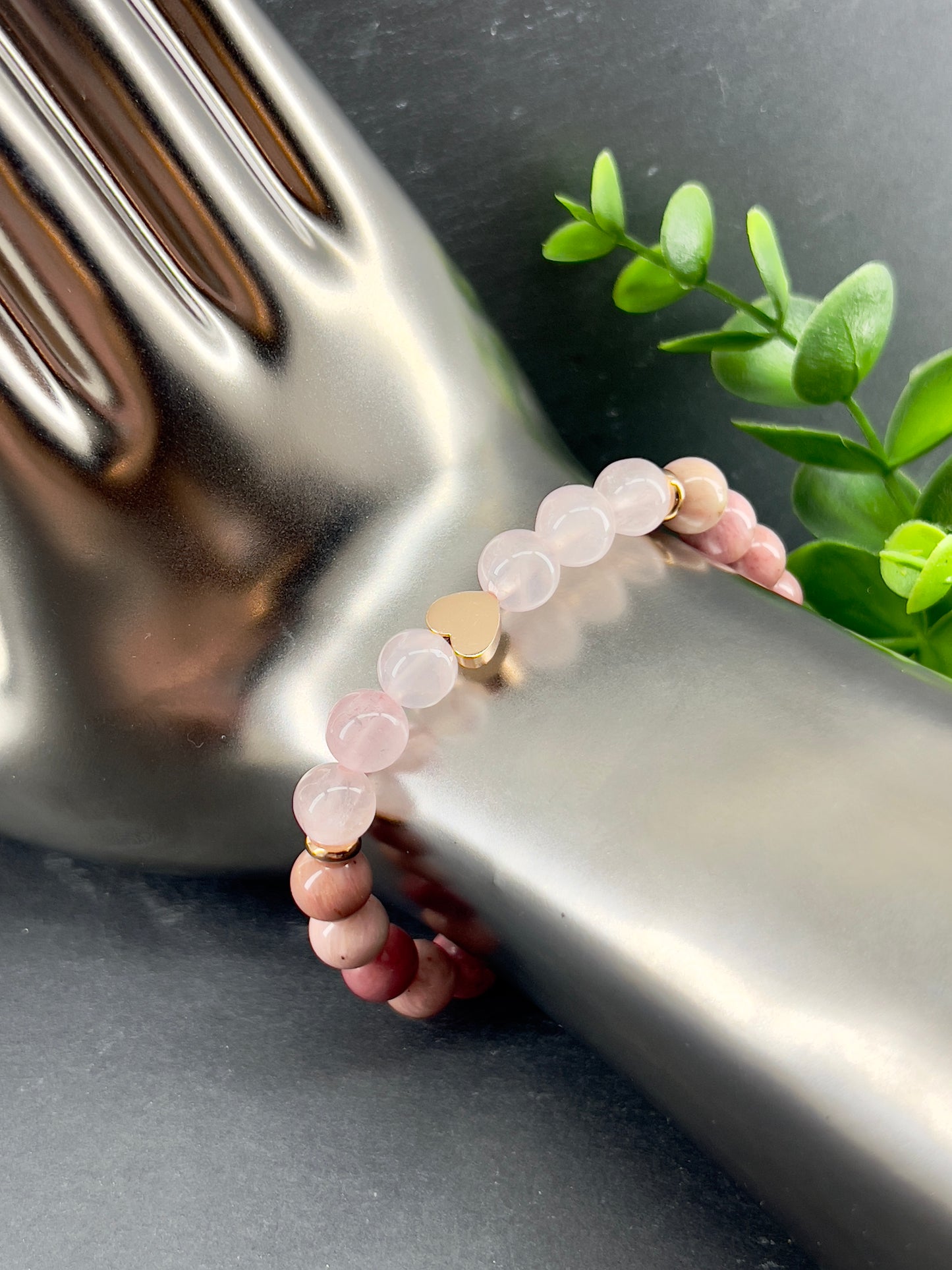 Bracelet cœur rose en pierres précieuses Quartz rose et Rhodonite ~ Tailles personnalisées