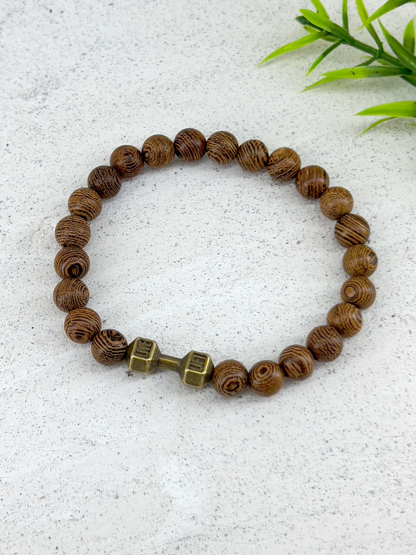 Bracelet 8mm bois wenge avec haltère métal ~ Tailles personnalisées