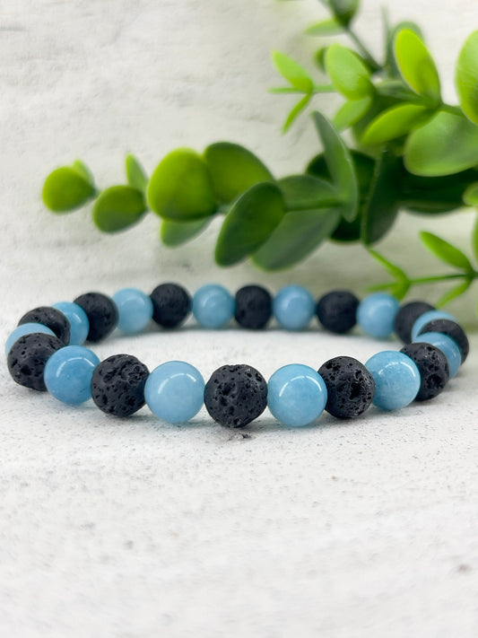 Bracelet aromathérapie Calcédoine bleu 8mm ~ taille personnalisée ~ pierre naturelle lave noir~ bracelet diffuser ~ therapeutic