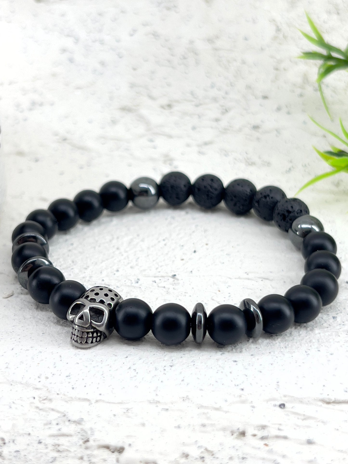 Bracelet 8mm aromathérapie tête de mort antique en acier inoxydable ~ Taille personnalisée