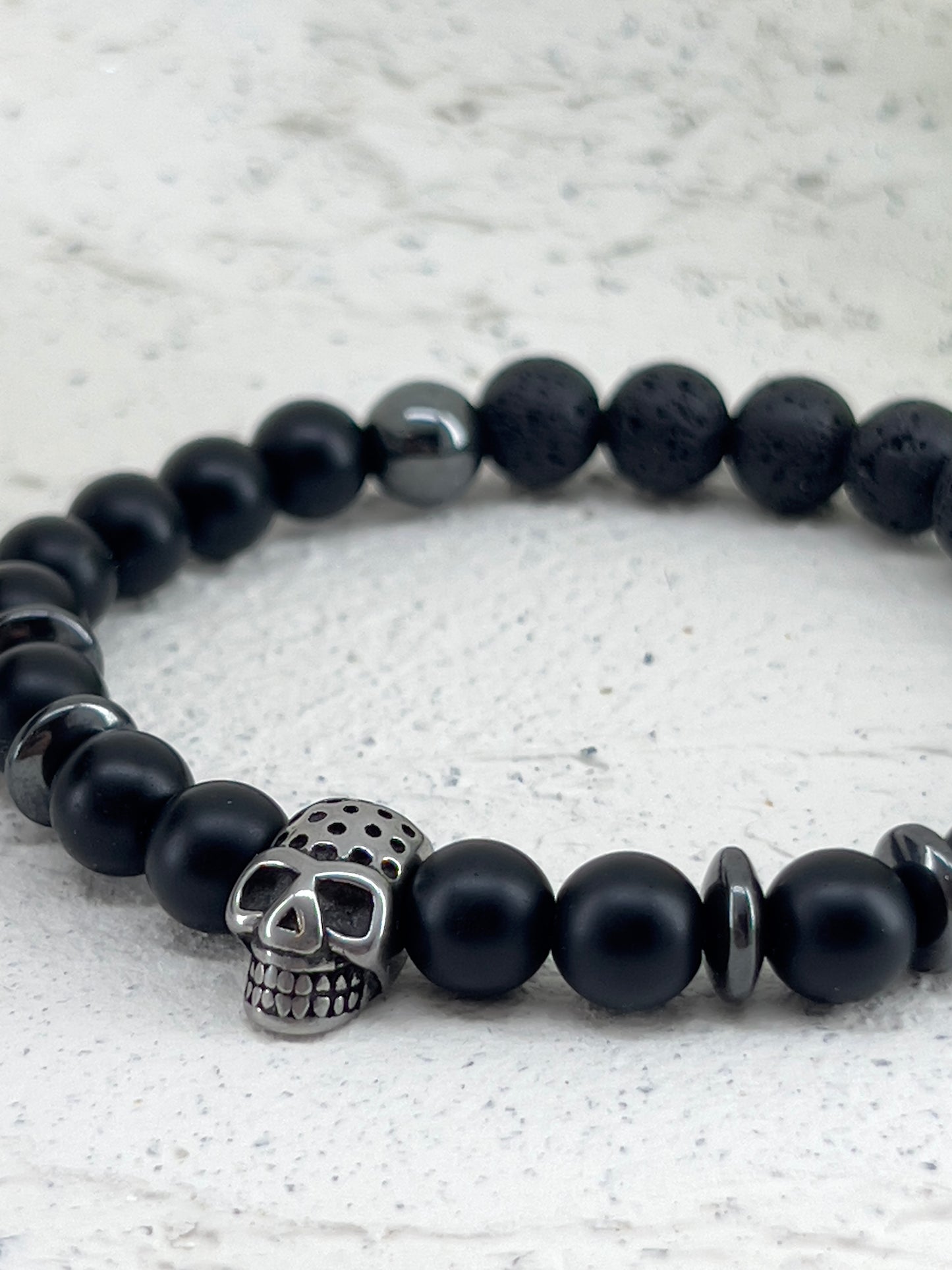 Bracelet 8mm aromathérapie tête de mort antique en acier inoxydable ~ Taille personnalisée