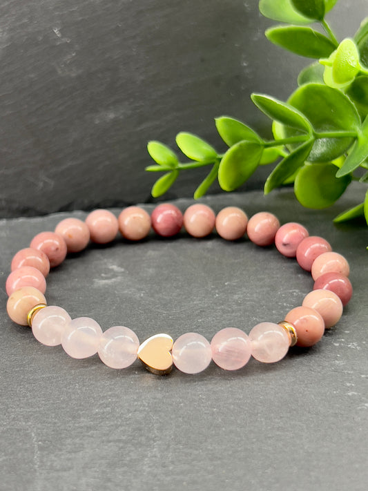 Bracelet cœur rose en pierres précieuses Quartz rose et Rhodonite ~ Tailles personnalisées