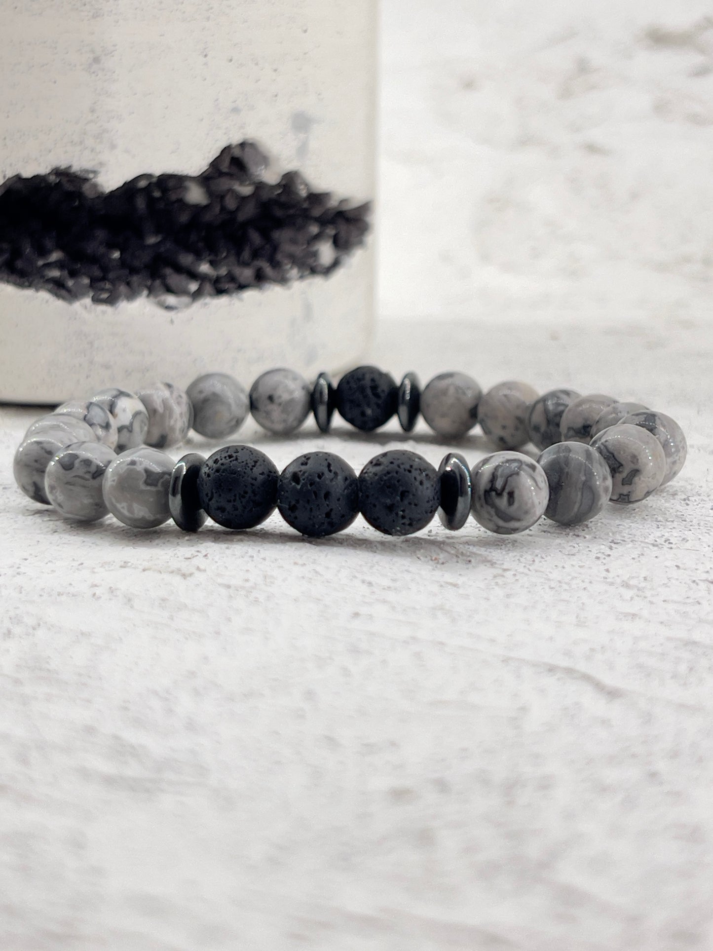 Bracelet aromathérapie gris en pierre map jaspe et pierre de lave noir 6mm/8mm ~ Taille personnalisée